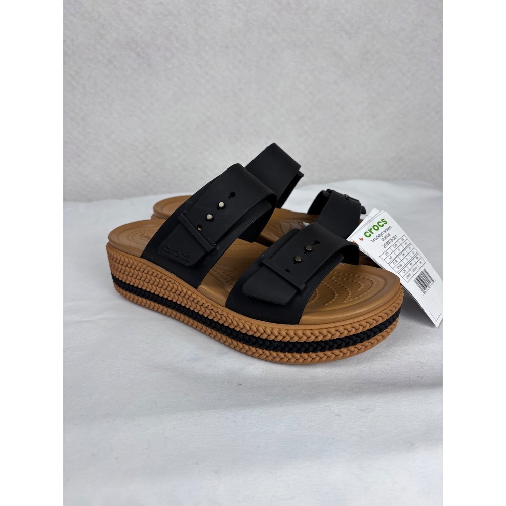 Crocs Brooklyn Woven Buckle Platform Sandals Size 7 Black Tan Wedge Slide NWT
